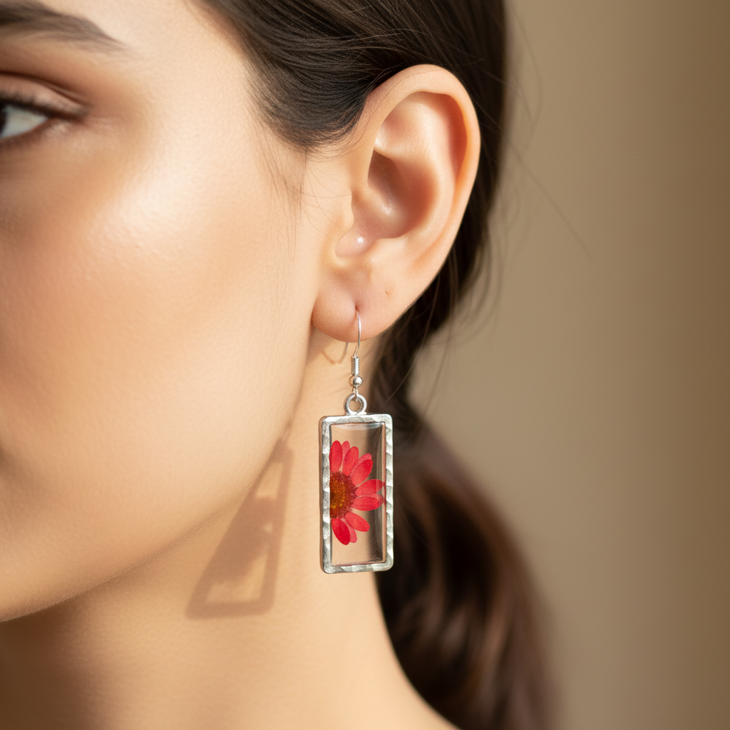 A pair of resin earrings with encapsulated red flowers, displayed on a beige card with 'New Collection' and 'Earrings' text.